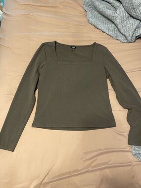 Square Neck Long Sleeve Top - brown color